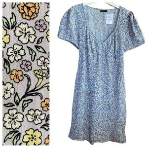 NWT Cotton On Floral Empire Waist Puff Sleeve Deep V-Beck Tie Back Mini Dress